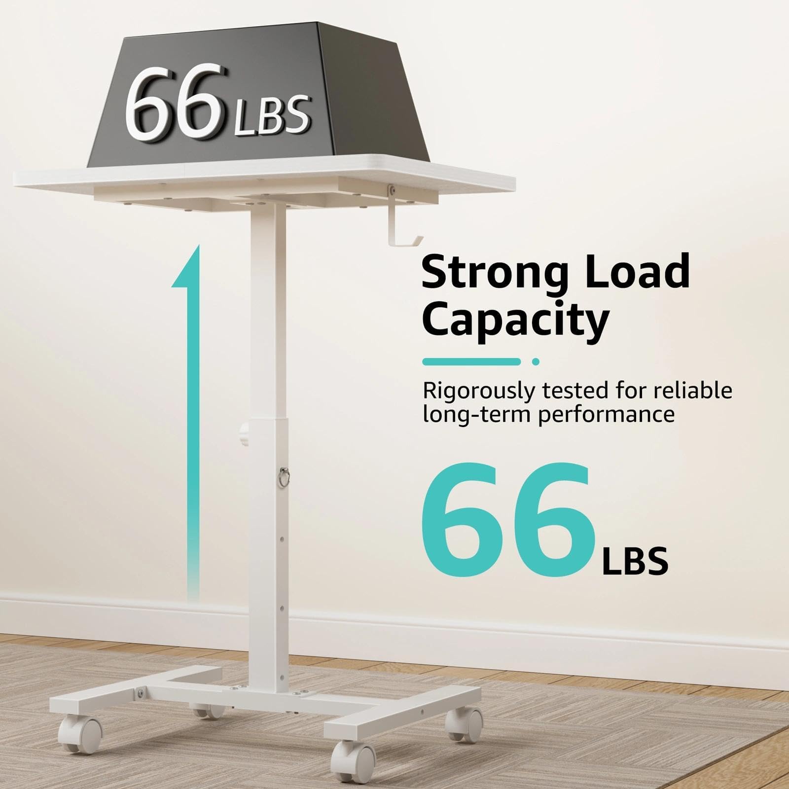 Small White Standing Rolling Desk - 24 Inch Portable Mobile Stand Up Kids Desk Adjustable Height with Wheels — view 6