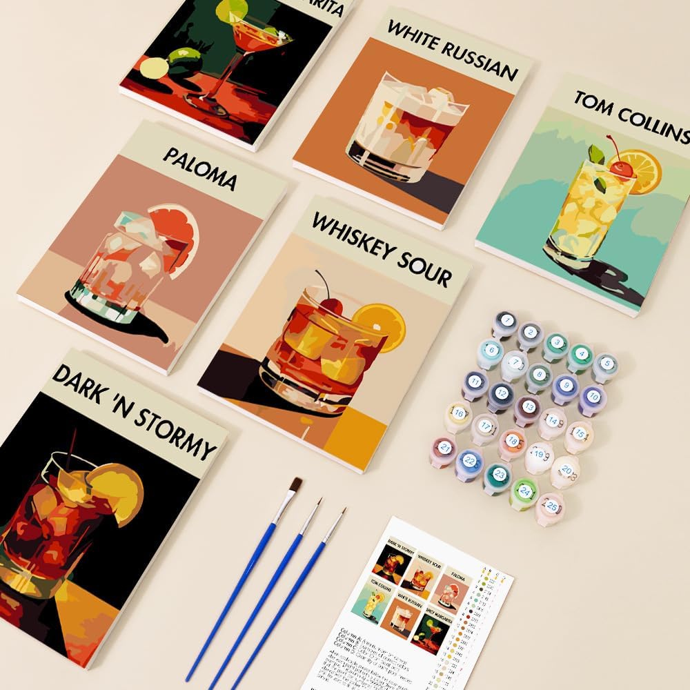 6 Pack Paint by Numbers Kit for Adults - Cocktail Adult Paint by Number Kits on Canvas, DIY Acrylic Oil Number Painting Kits for Adults, Perfect for Gift Home Decor, 6x8 Inch (Style 4, Framed)