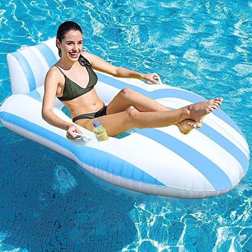 Inflatable Pool Floats Adult with Cup Holders Pool Floaties Lounger Floating Chair Pool Floats Rafts for Swimming Pool Lake Beach Pool Party Toys for Adults Kids (White & Blue)