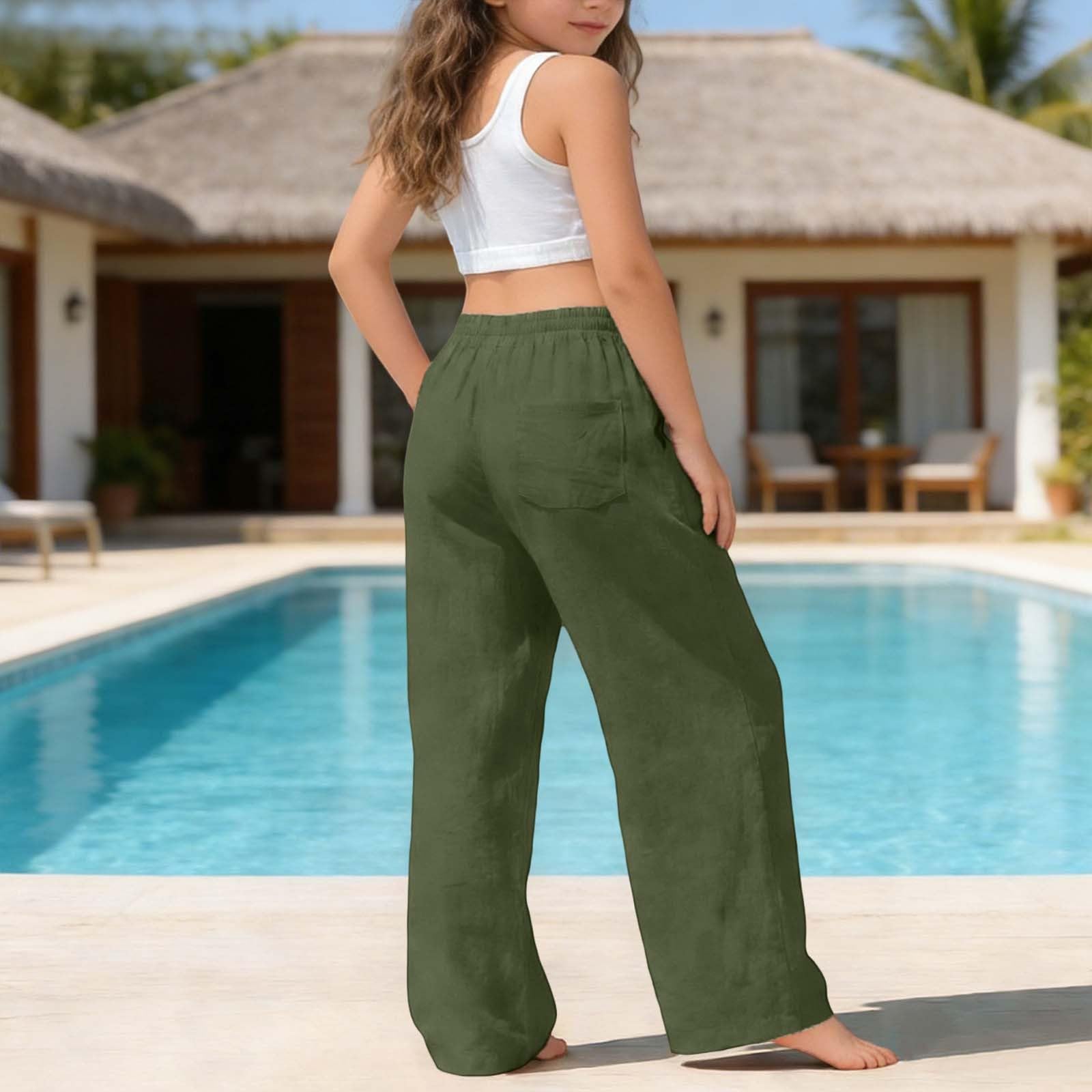 Generico Pantaloni a Gamba Larga per Ragazze in Lino Cotone Elastic Waist Baggy Pantaloni Bambina Leggero Lino Pantalone Pants per Bambini 4-12 Anni con Casual Jogging Quotidiano