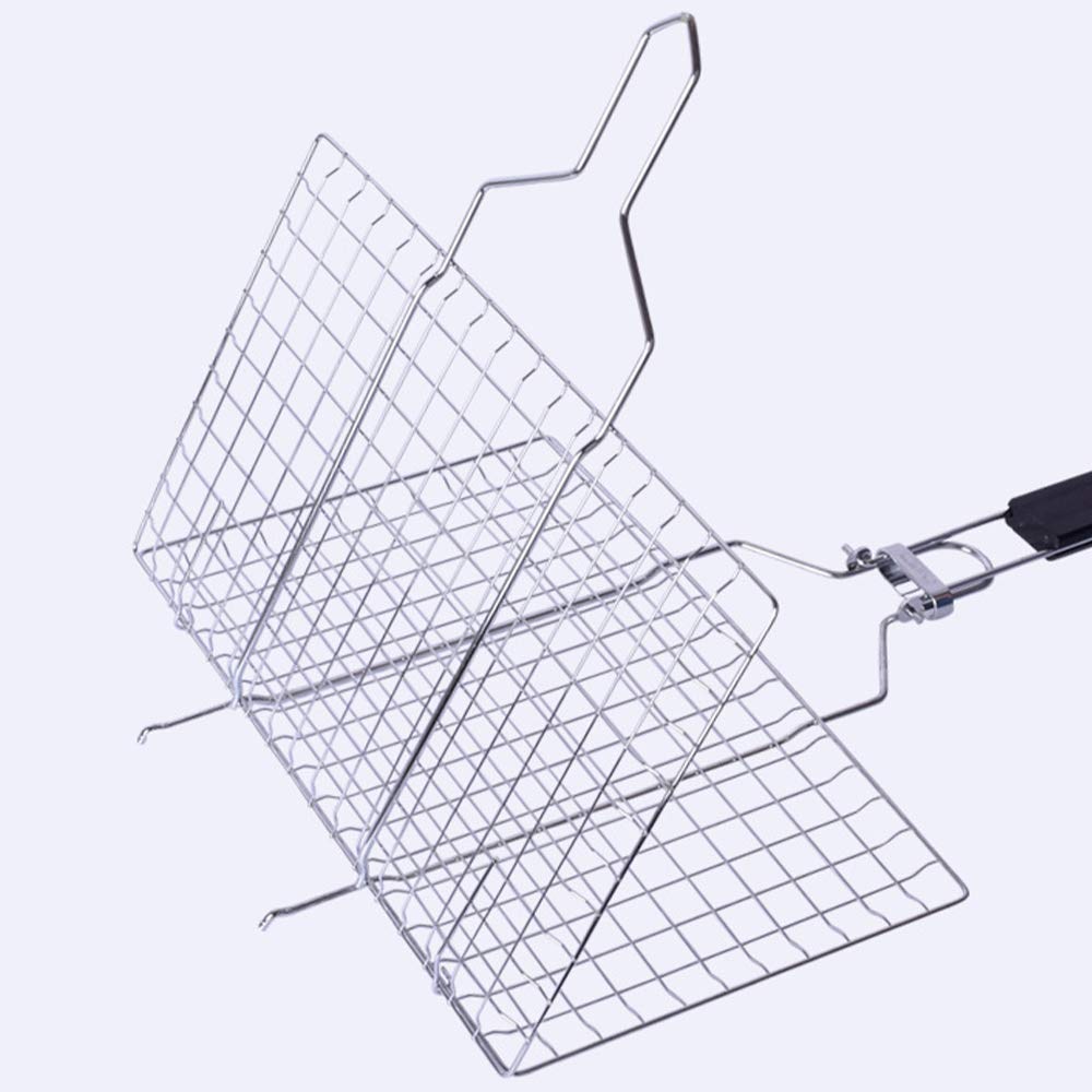 Cestello per verdure per grigliare, cestello per grigliate di pesce, accessori per barbecue, griglia per barbecue pieghevole in acciaio inossidabile con manico in legno rimovibile per cucinare alla
