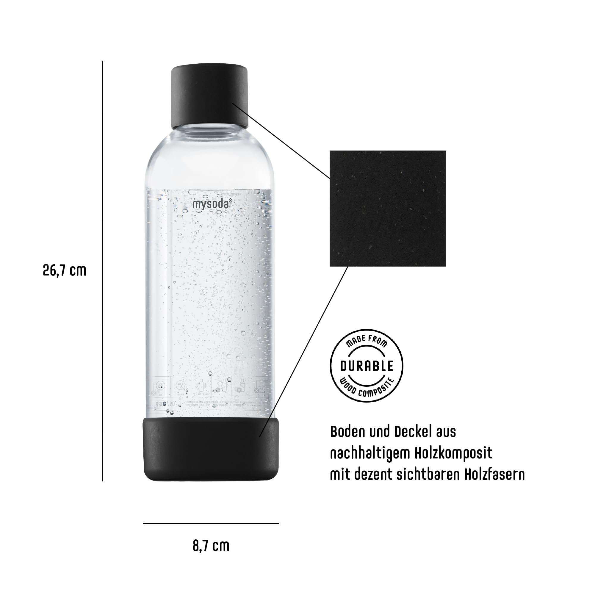 Mysoda: Toby zestaw saturatora z odnawialnego kompozytu drewnianego, 1 l i 0,5 l Quick-Lock, plastikowe butelki bez BPA i cylindry CO2, kolor czarny