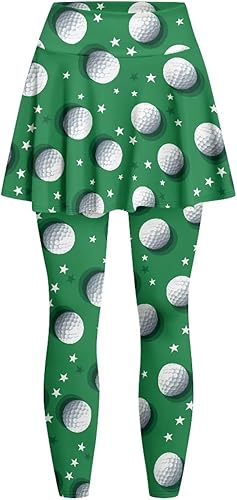 Women Tennis Skirted Leggings with Pocket Soft Quick Dry Workout Yoga Leggings with Skirts Golf Pickleball Outfits(Golf Print Stars,X-Large)