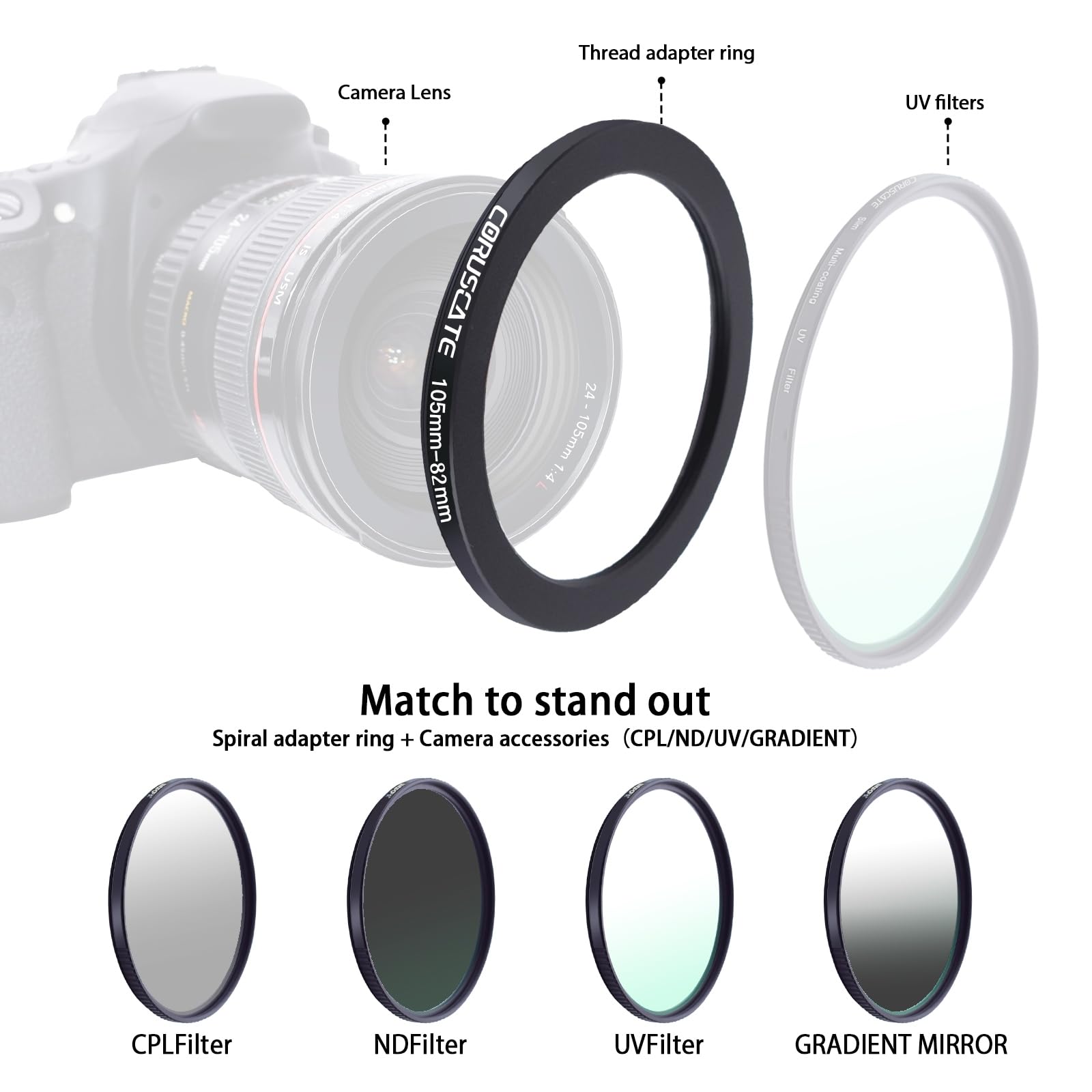 Set di 3 anelli filtranti da 105mm,Lo scopo è aumentare o diminuire il diametro della lente,Step-down Ring 105mm-95mm,105mm-82mm,105mm-77mm + panno per la pulizia dell'obiettivo