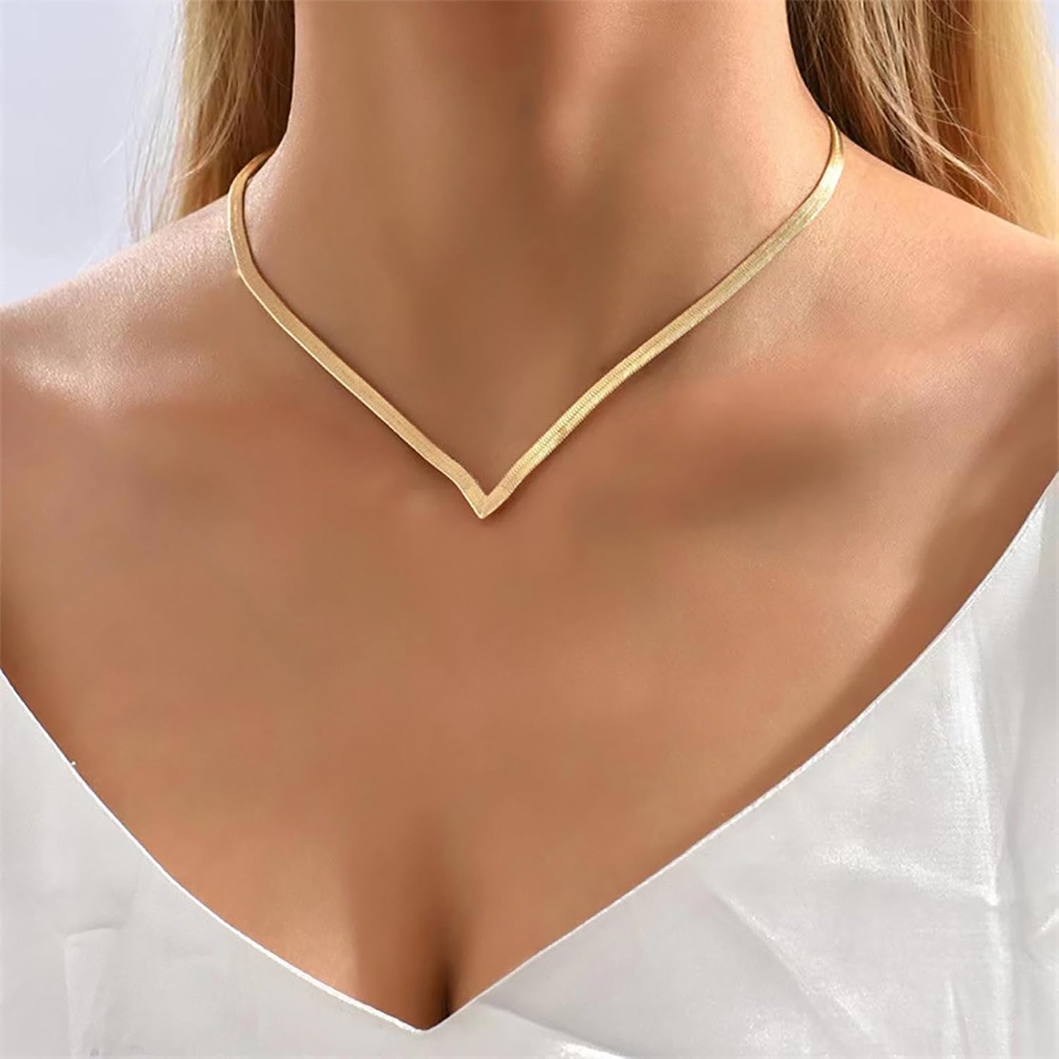 Boho Snake Herringbone Necklace Gold Flat Snake Chain Necklace Vintage V Shape Choker Necklace Minimalist Short Collar Necklace Jewelry for Women - Image 7