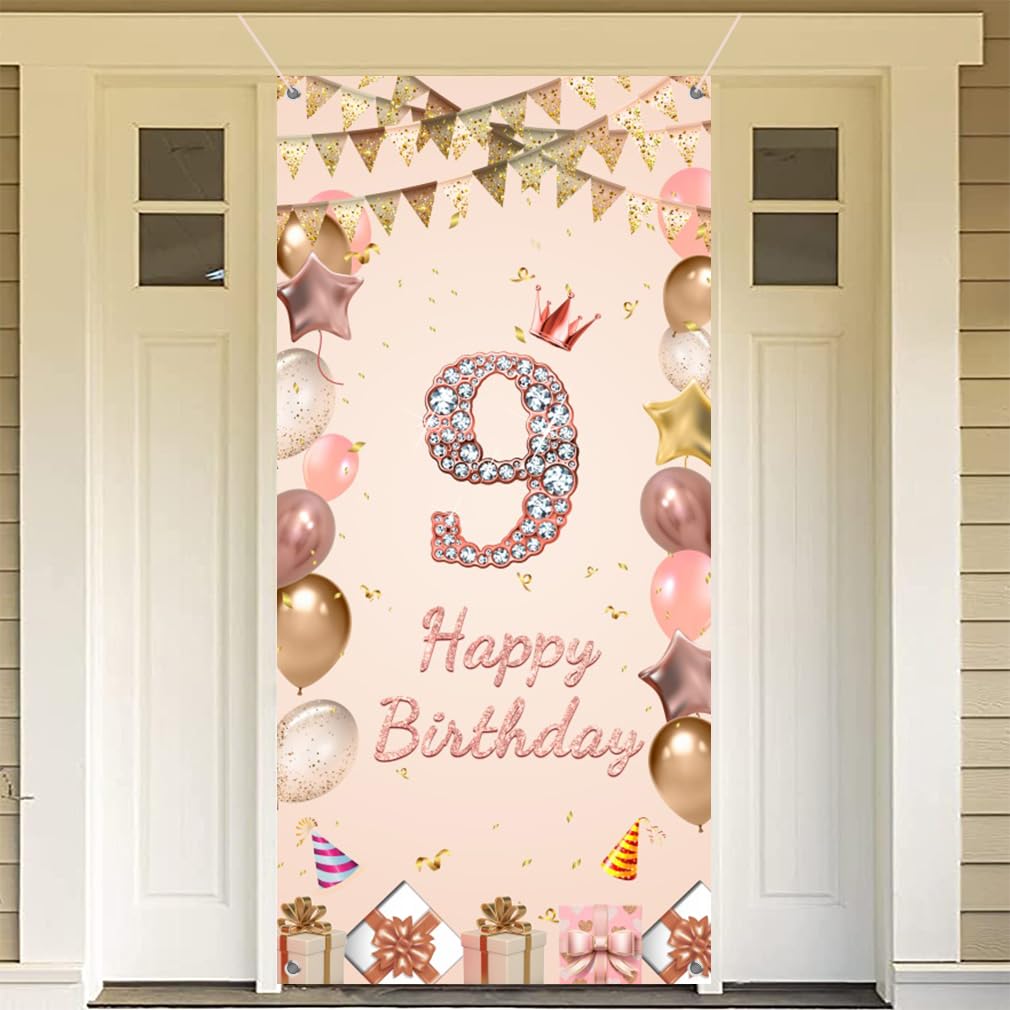 Panneau bienvenue 9e anniversaire fille en tissu rose durable