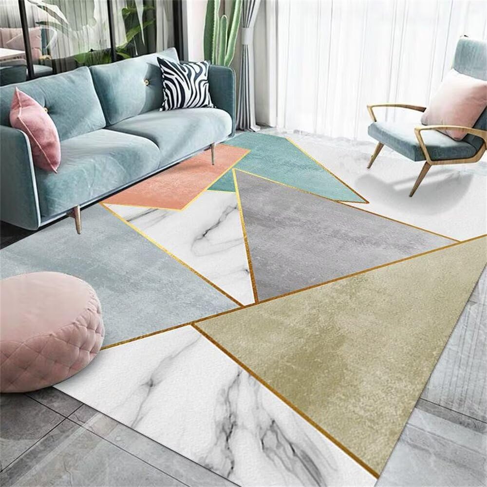 Tapis salon lavable 200x300CM bleu vert gris style marbre
