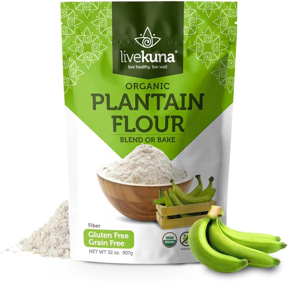 LiveKuna Organic Plantain Flour - Gluten Free All Purpose Flour Alternative For Baking & Cooking Recipes - Grain Free Vegan Plantain Flour, Rich In Fiber & Vitamins for Keto & Paleo Diets, 32oz Bag