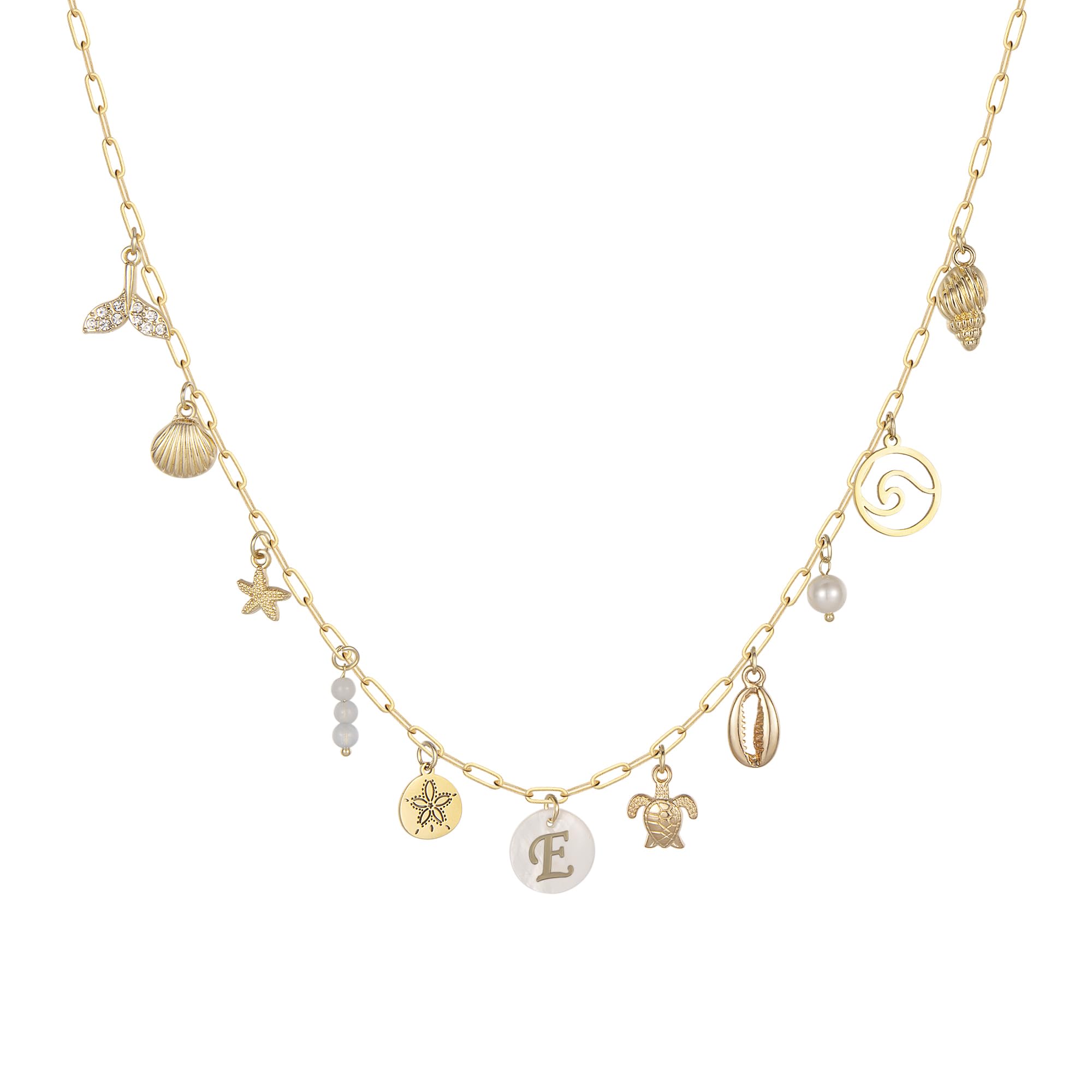 Drogomen Gold Initial Charm Necklace for Women Dainty Boho Shell Starfish Necklace Personalized Letter A-Z Pendant Necklaces Summer Beach Surfer