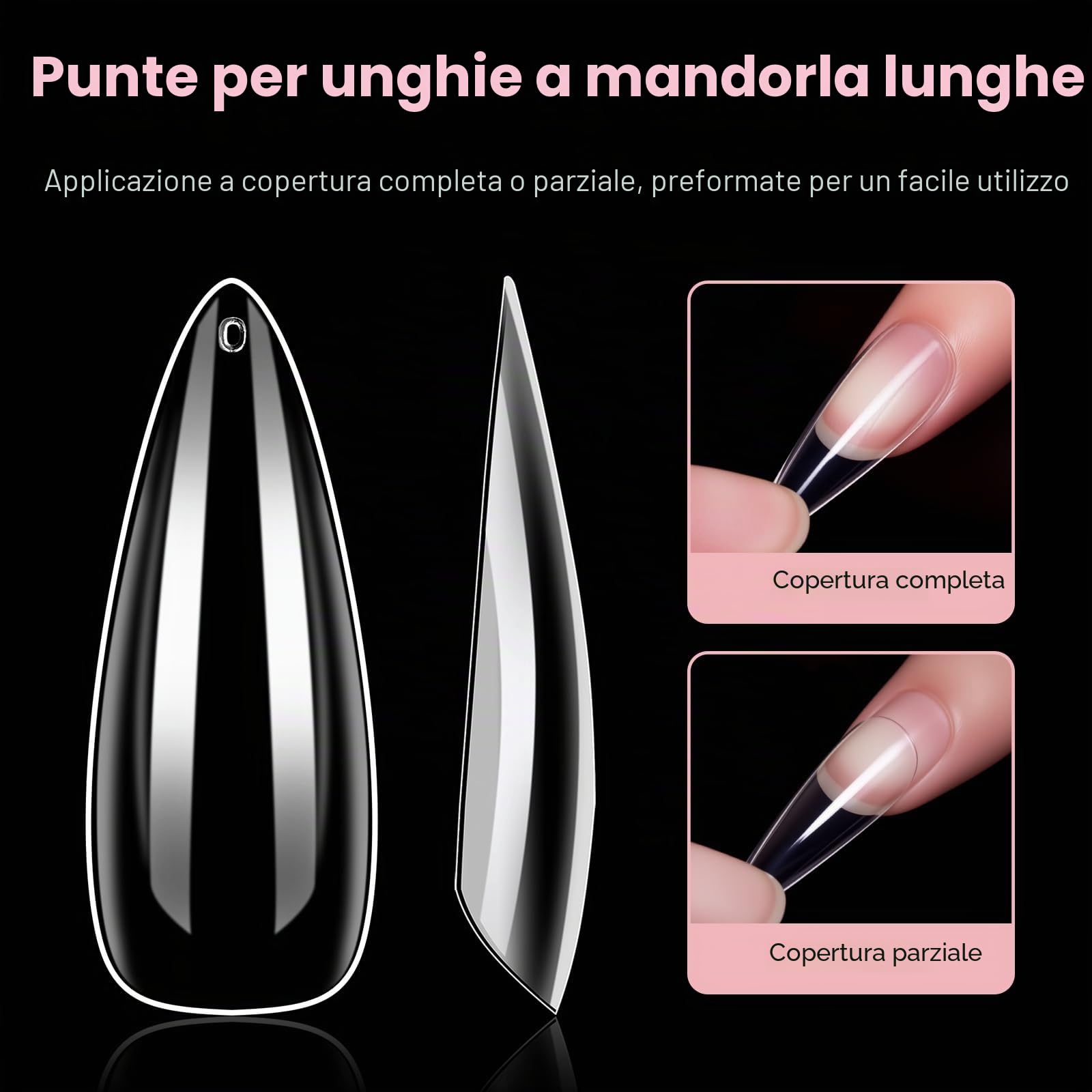 Makartt Long Almond Unghie Finte, 500 pezzi Tip in Gel per Unghie Trasparenti, Resistenti e Flessibili, Copertura Totale, Adesione Forte, Ideali per Ricostruzione e Gel Extensions