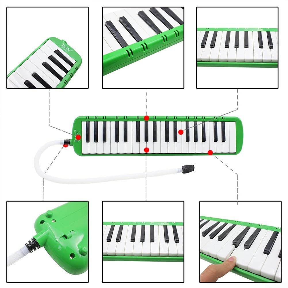 Student Melodica mit 37 Tasten und Tube-Tasche, inklusive kurzen und langen Mundstücken für verschiedene Spielstile (Grün)