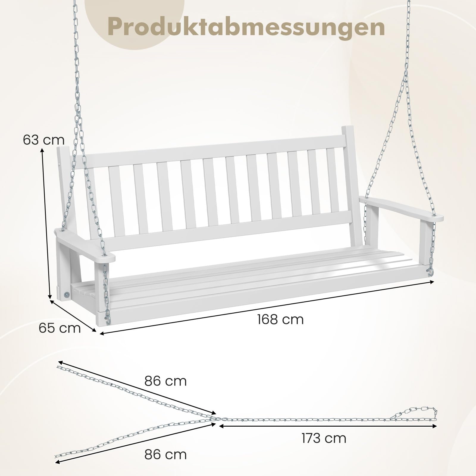 COSTWAY Hängebank aus Massivholz, 3-Sitzer Gartenschaukel zum Aufhängen, Hollywoodschaukel bis 360 kg belastbar, Outdoor-Schaukelbank für Terrasse, Garten, Hof, Weiß, 168 x 65 x 63 cm
