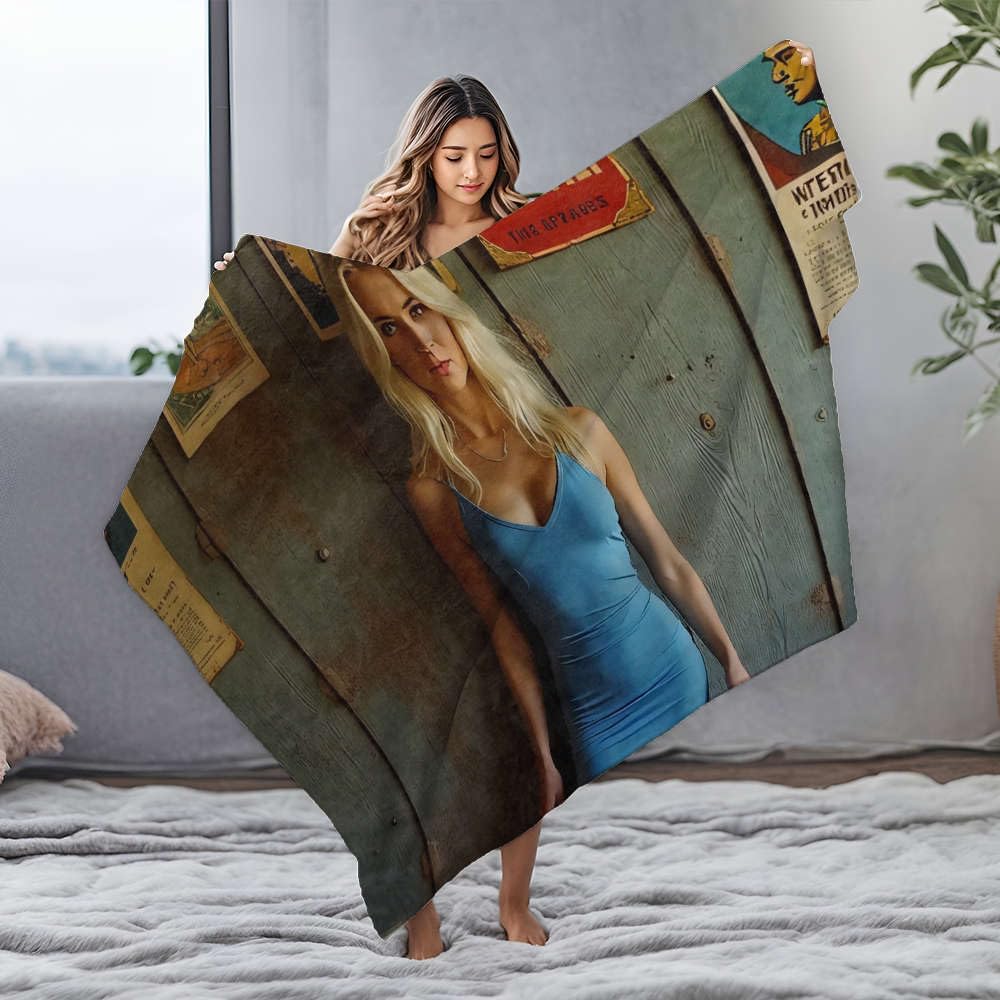 Plaid polaire femme en robe bleue couverture réconfortante et artistique pour la maison