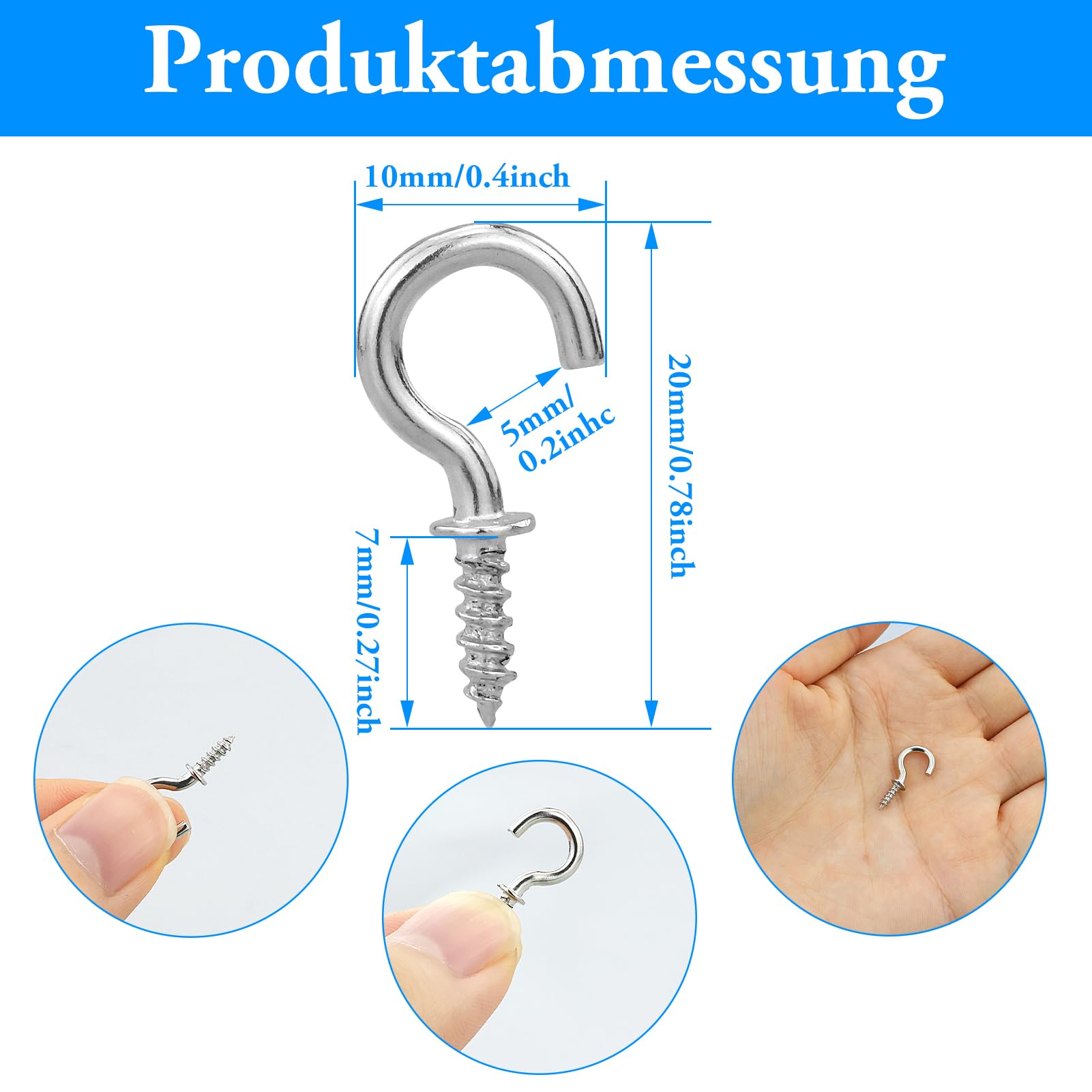 100 ganci a vite in acciaio inox M1,9/20 mm, ganci in nichel per viti, piccoli ganci da soffitto, ganci da parete, ganci per bicchieri, ganci in metallo, per casa, ufficio e esterni, colore argento