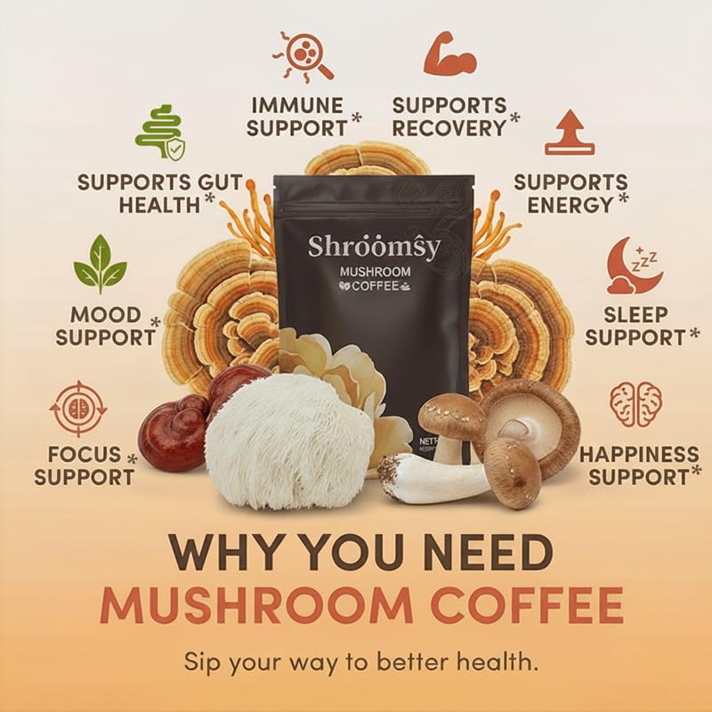 Miniatura 4 de SHROOMSY Café de champiñones - 6 Supermezcla de hongos (Cordyceps, Reishi, Shiitake, melena de león, más) - Con aceite MCT y leche de coco