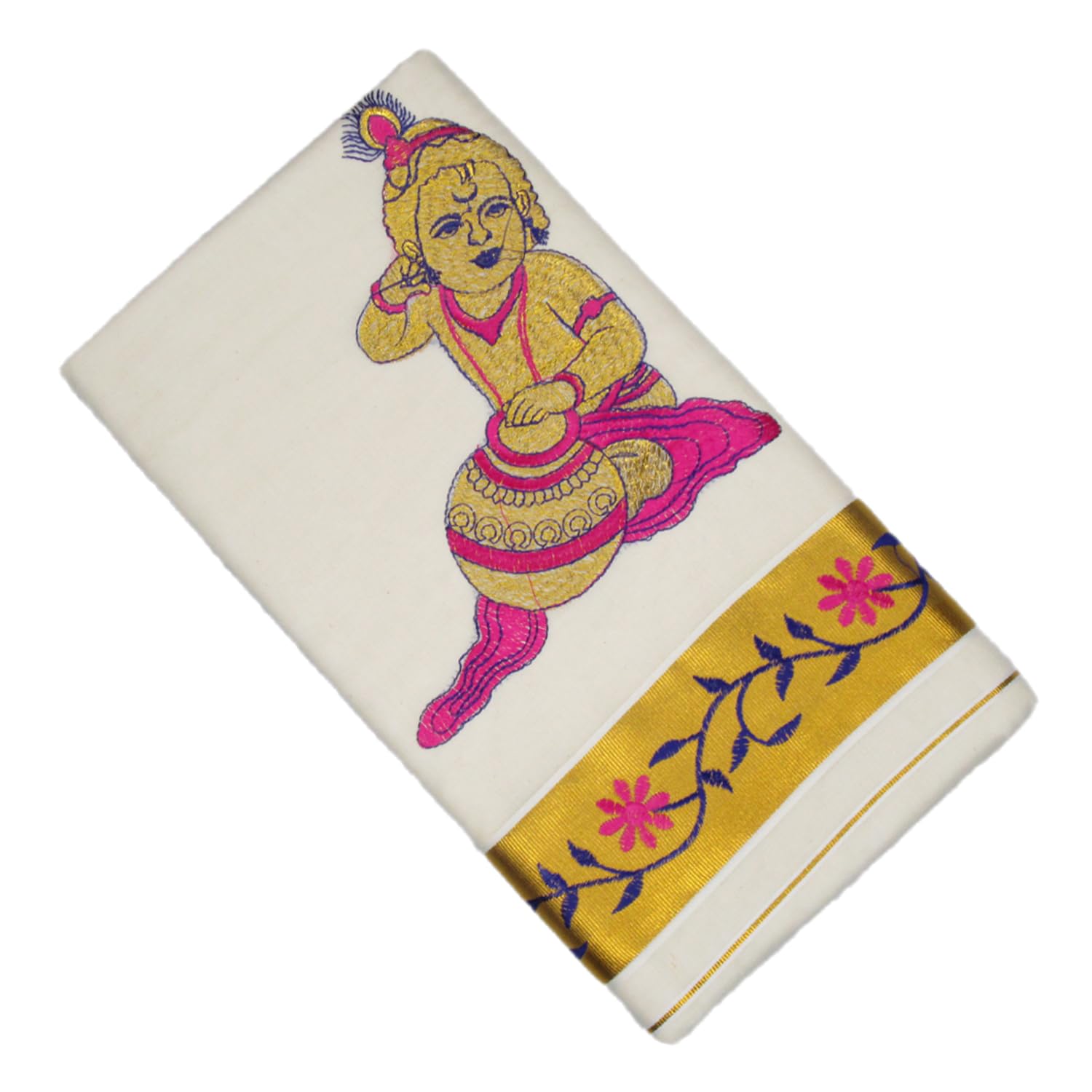 Peerless Wear Traditional Kerala Kasavu Saree/Pure Cotton/Baby Krishna Embroidery/with Running Blouse/Off White/Gold Zari 2x3inch/5.5 Meters saree/0.8 Meters Blouse