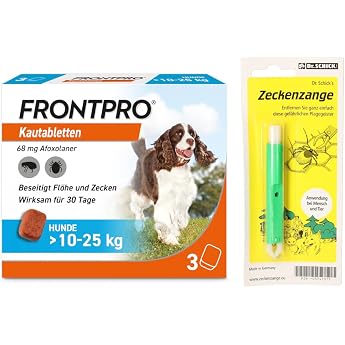 FRONTPRO Chewable Tablets for Dogs 10-25 kg 3 Month Pack for Protection Against Ticks and Fleas with Tick Tweezers Protects up to 3 months