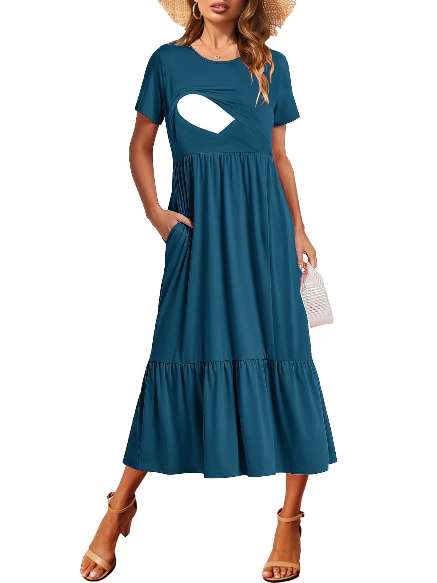 CzzzyL Women Nursing Short Sleeve Crew Neck Fall Dress Maternity Flowy Maxi Dresses Tiered Cocktail Dress with Pockets