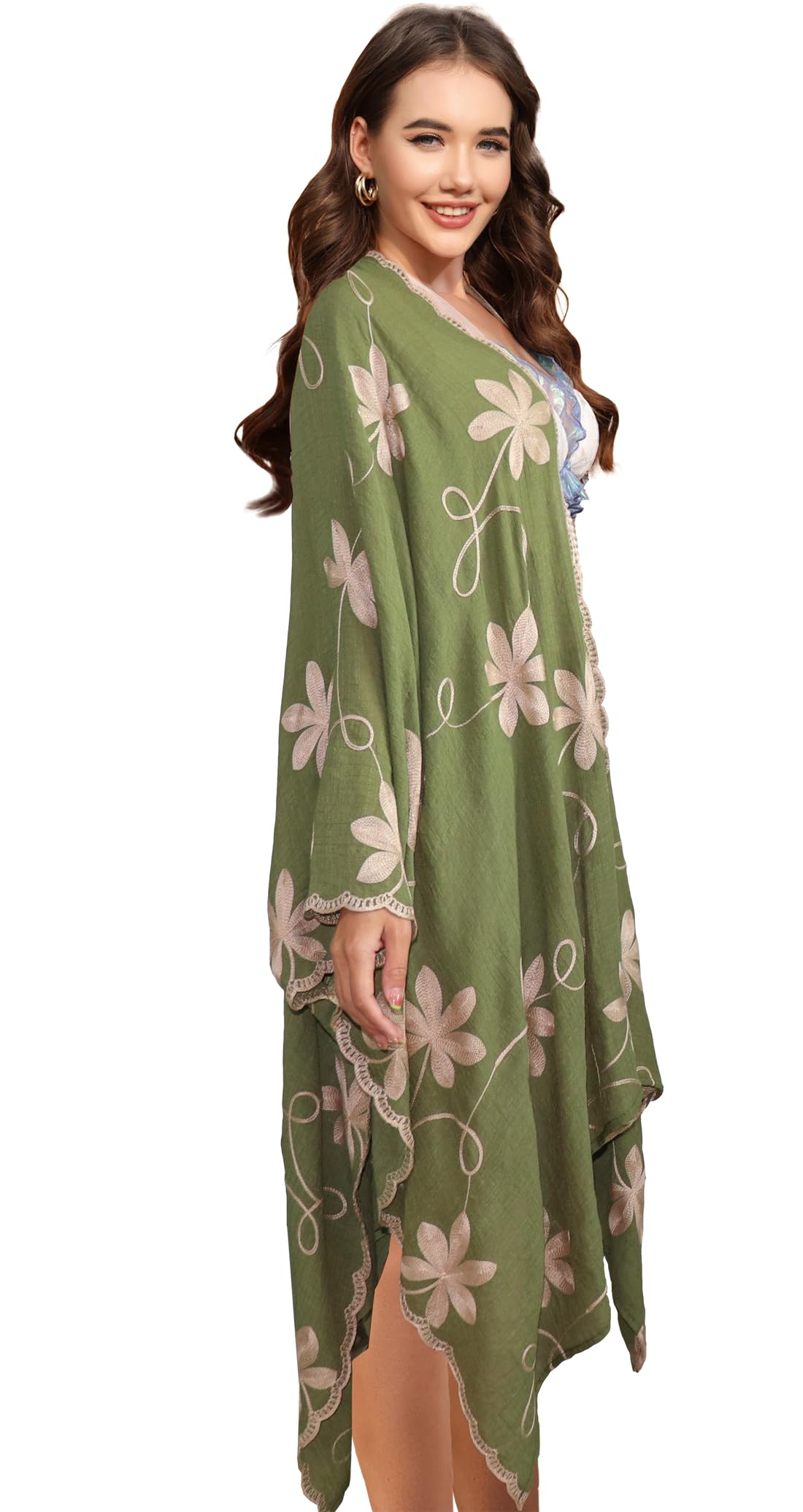 Coton Brodé Floral Kimono Plage Femme Loose Caftan Boho Beach Bikini Cover Up Long Shawl pour Femme