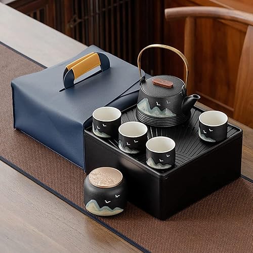 Juego de té Gongfu, tetera japonesa con asa de cerámica negra con infusor, 4 tazas y 1 carrito de té, paquete de viaje portátil