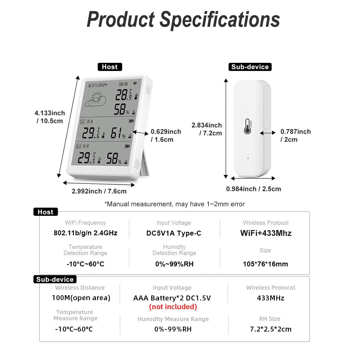 WLAN Thermometer Hygrometer Innen Außenthermometer Kabelloses Smart Thermometer Digitales Temperatur und Feuchtigkeitsmessgerät mit Automatischer Alarmfunktion 100 Meter Reichweite