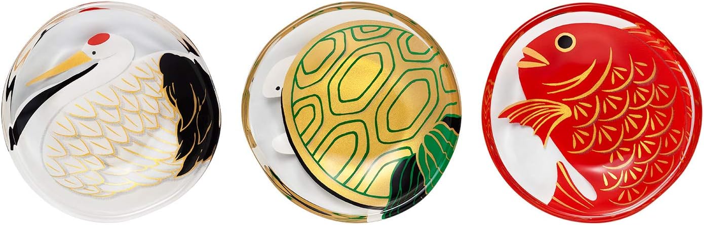 Aderia S-6308 Small Plates, Glass Plates, Medeta mono Lucky Pair Set, Crane/Turtle (Round Plate/Bean Plate/Diameter Approximately 3.5 inches (9 cm), Made in Japan, Gift Box, Birthday Gift