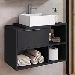 Gabinete Kauane Suspenso para Banheiro com Nichos e Gaveta 60cm – Moderno e Funcional (preto)