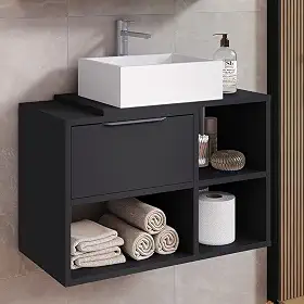 Gabinete Kauane Suspenso para Banheiro com Nichos e Gaveta 60cm – Moderno e Funcional (preto)