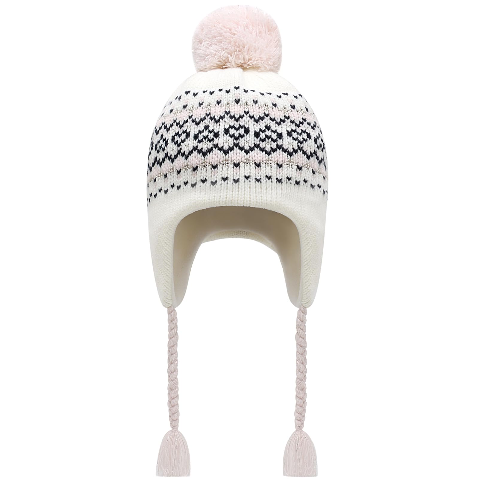 Winter Peruvian Hat Earflap Fleece Lined Pompon Knit Hat Beanie for 3-10T Baby Girls