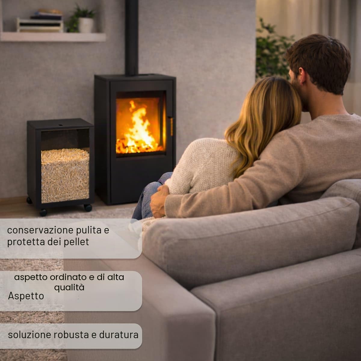 MS Beschläge Pellet Box in metallo nero con ruote e parabrezza, contenitore mobile per pellet con coperchio, per stufa a pellet e camino, robusto carrello a pellet per pellet di legno fino a 35 kg