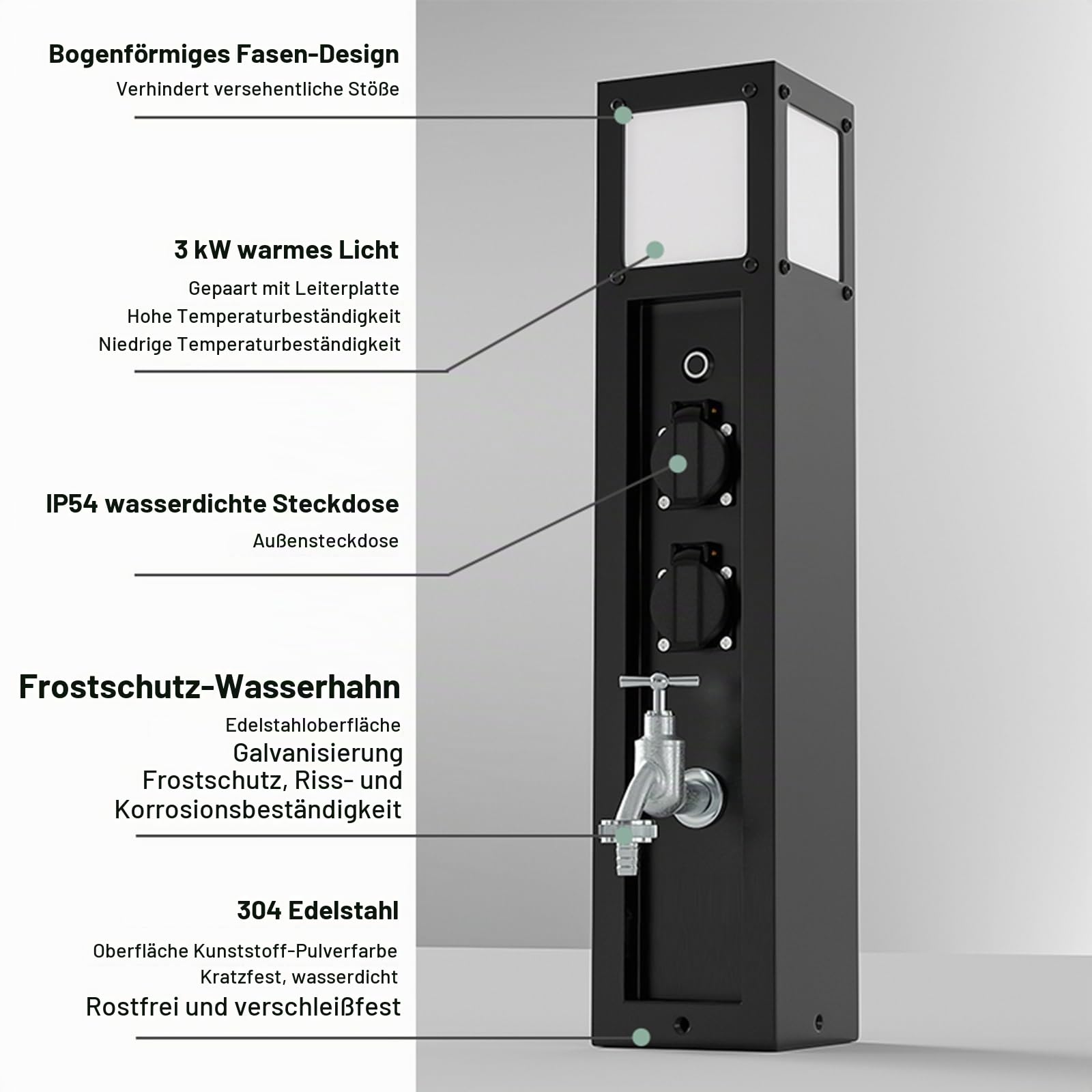 Intelligente Wassersäule für den Außenbereich, Multifunktionaler Wasserhahnpfosten mit Steckdose und Beleuchtung, Hydranten-Wasser- und Stromsäule