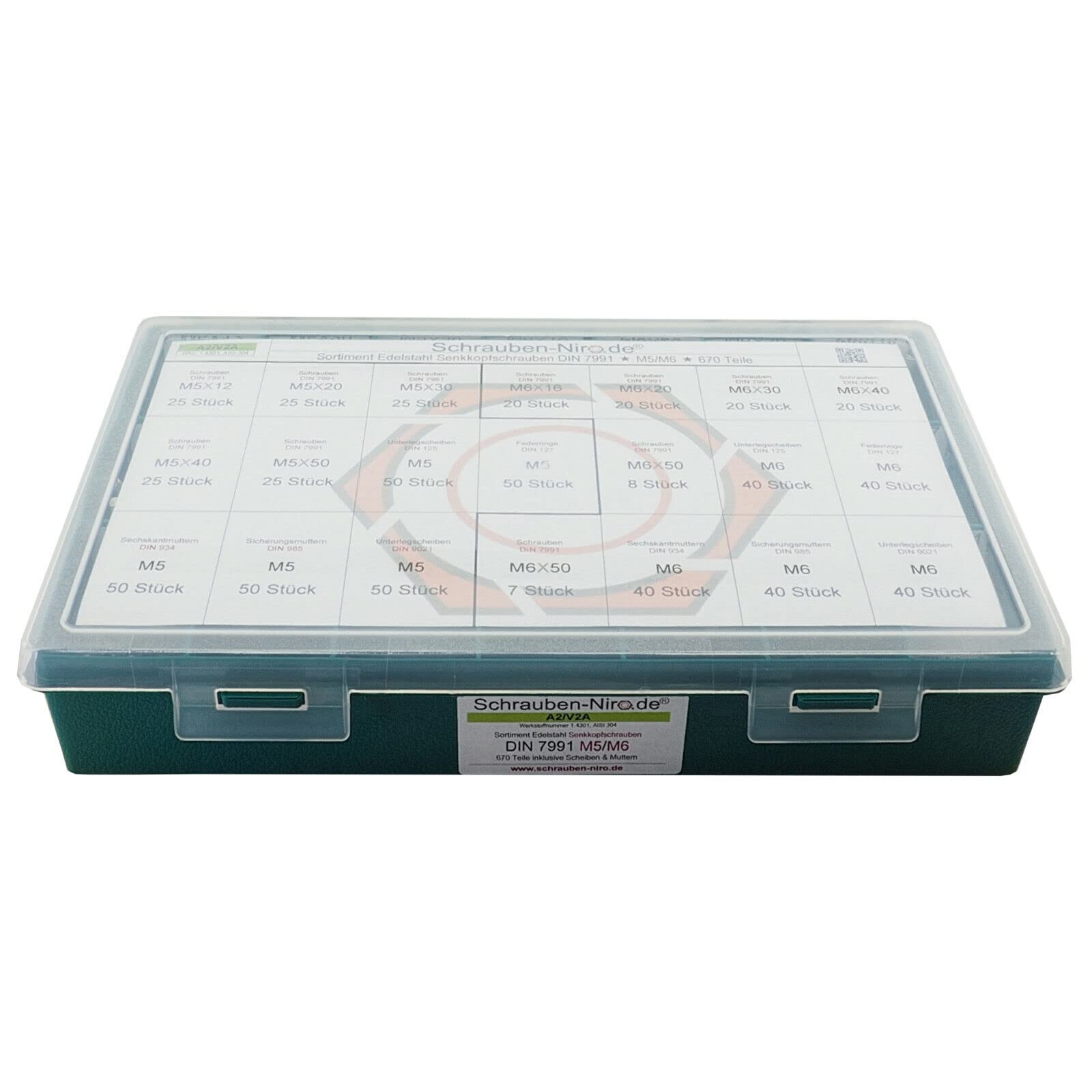 Sortiment M5 + M6 DIN 7991 (ISO 10642) Edelstahl A2 (V2A) Senkschrauben (Innensechskant) - Set bestehend aus Schrauben, Unterlegscheiben (DIN 125, 127, 9021) und Muttern (DIN 934, 985) - 670 Teile