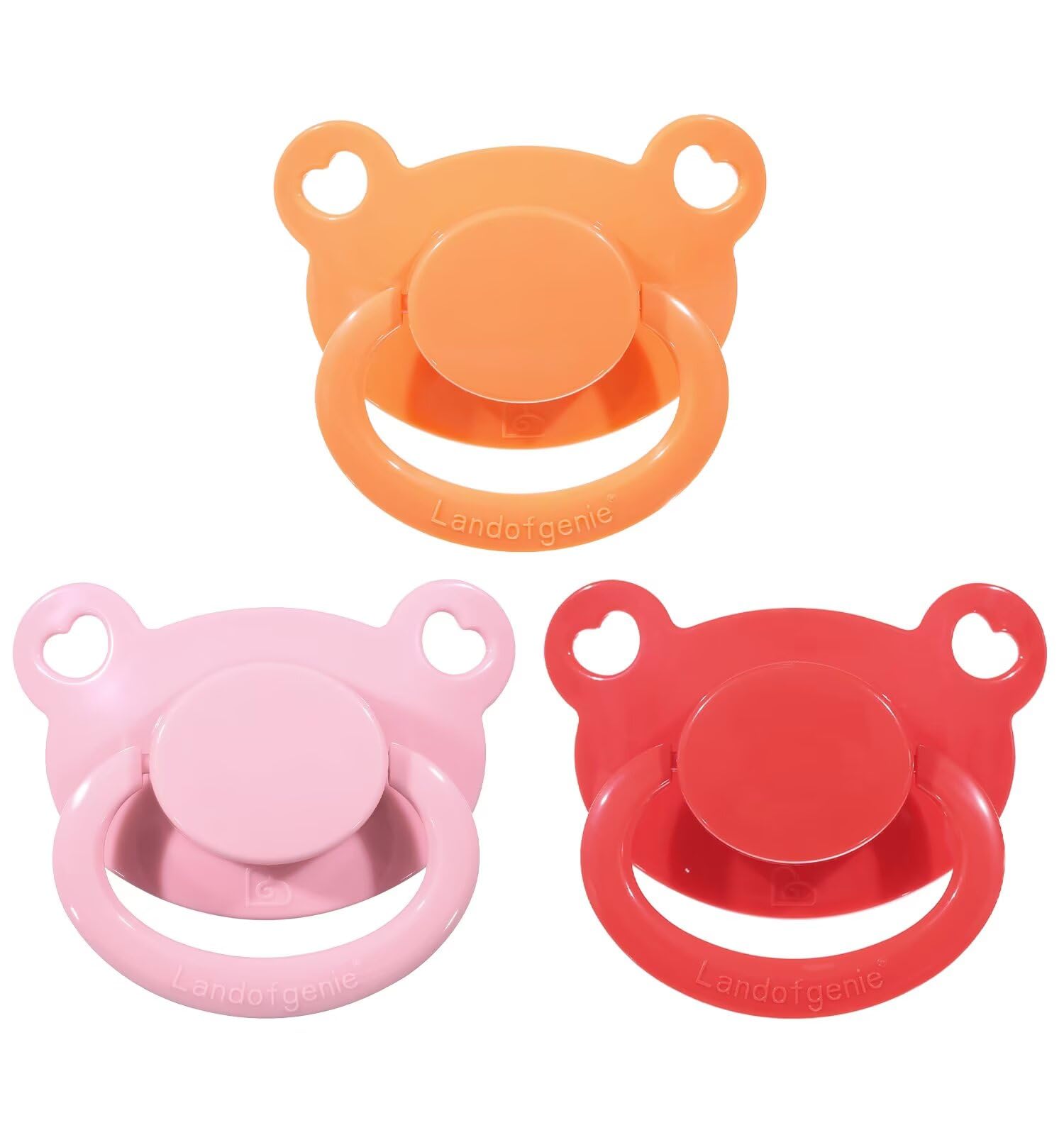 Landofgenie Adult Silicone Pacifier 3-Piece Set, BPA-Free, Pink + Orange + Red, Bear-Shaped