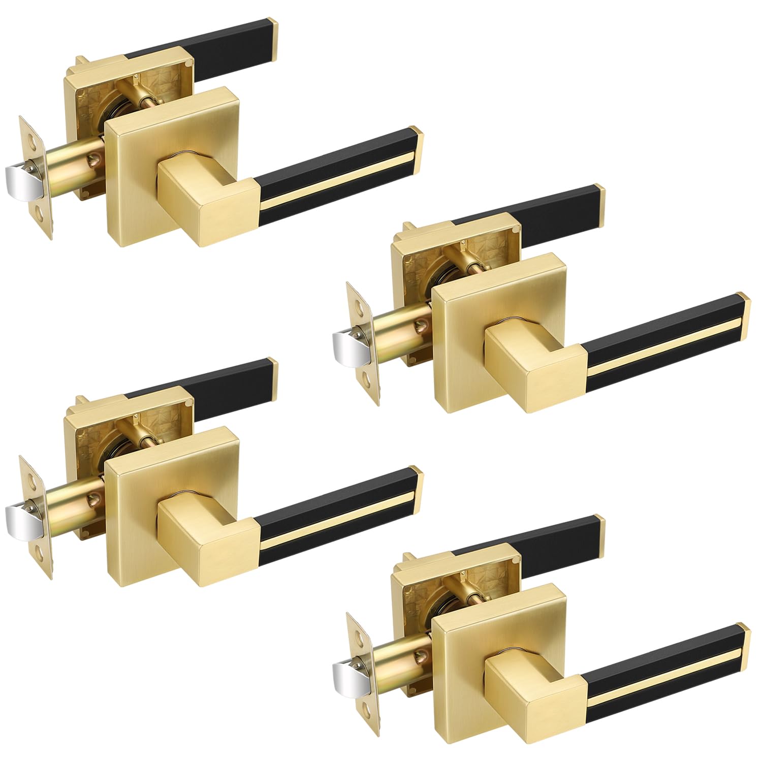 EHOMEWARE 4 Pack Gold Door Handle with Black Leather, Brass Passage Door Levers Door Handle Sets Hallway Closet Door Lever Handle Without Lock, Keyless Door Levers for Left/Right Handing — image 1