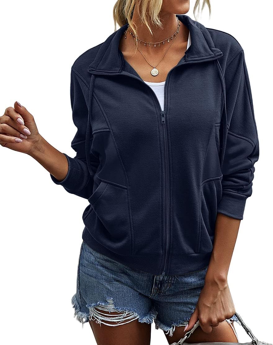 INFITTY Women's Long Sleeve Jacket Full Zip Up Stand Collar with Pockets Casual Batwing Lightweight Sweatshirts