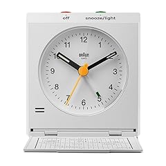 Braun Classic Analogue Travel Alarm Clock with Snooze and Light with Folding Map Lid, White, BC 05