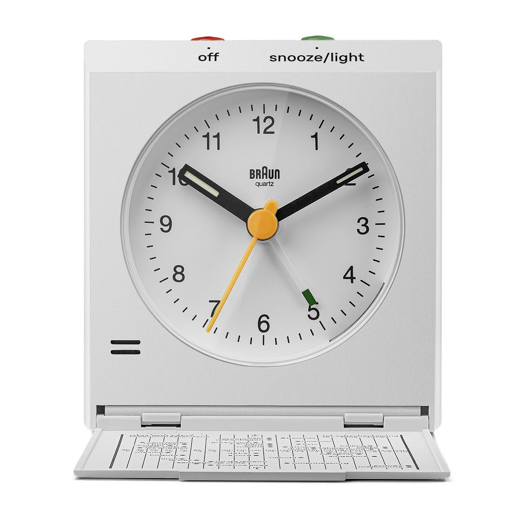 Braun Classic Travel Analogue Alarm Clock with Snooze and Light, Vintage Design, Compact Size, Folding Lid with World Time Zone Map, Quiet Quartz Movement, Crescendo Beep Alarm in White, Model BC05W.