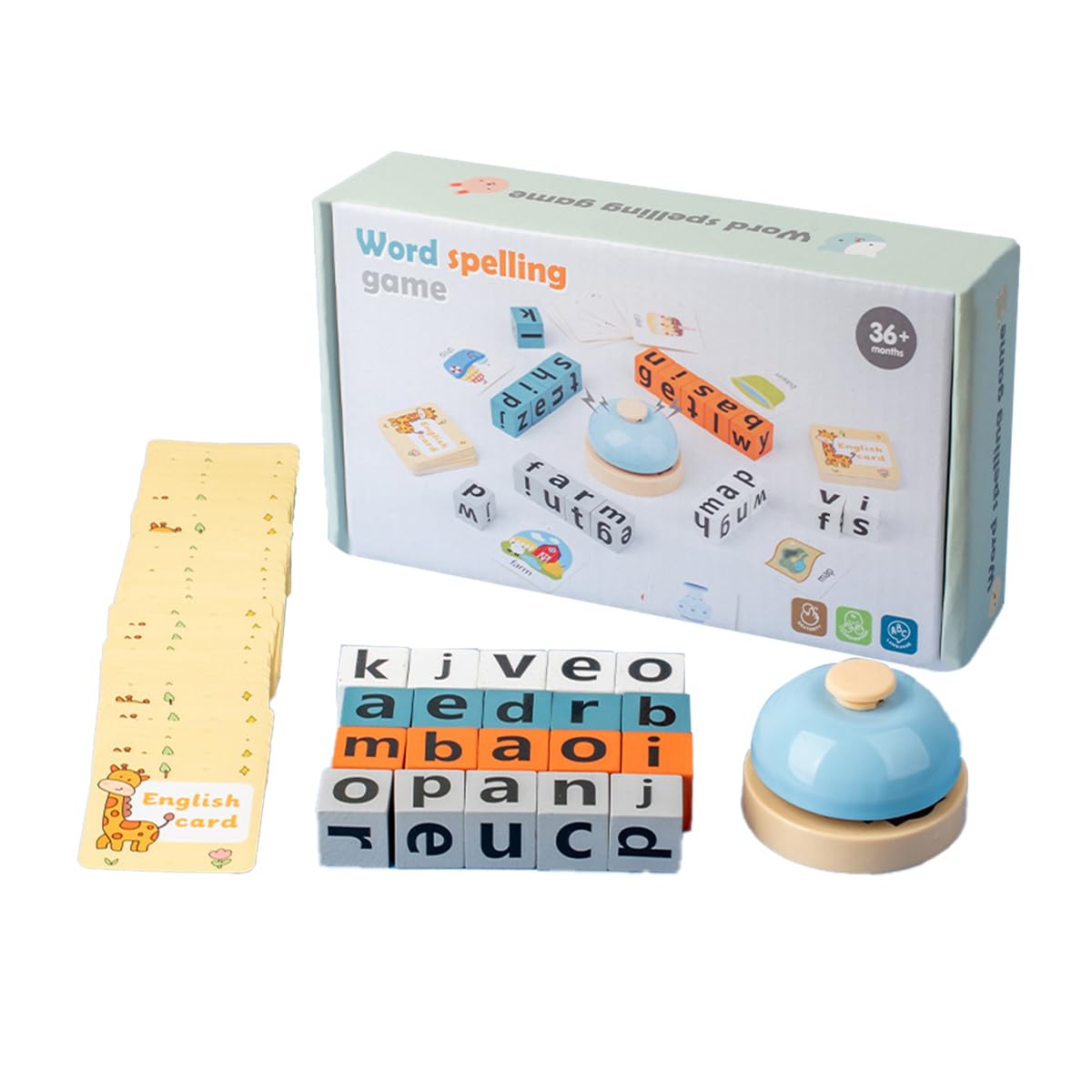 Word Spelling Game - Wooden Turn A Word Kit with 20 Letter Blocks & Sight Word Flash Cards Competitive Alphabet Learning Educational Travel Set,Early Learning Game
