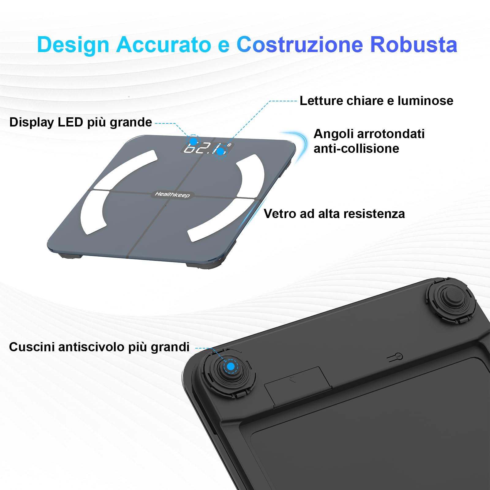 Healthkeep Bilancia Pesa Persona, Bilancia connessa Bluetooth Impedenzimetro Pesa Persone Alta Precisione con 13 Analisi della Composizione corporea App Inclusa, Capacità 180kg/400lb, 28x28cm