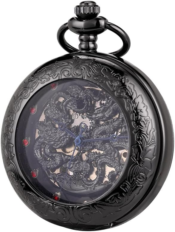 SIBOSUN Antique Mechanical Pocket Watches for Men Lucky Dragon Pocket Watch with Chain Black Skeleton Dial Roman Numberals Gifts for Fathers Day Black