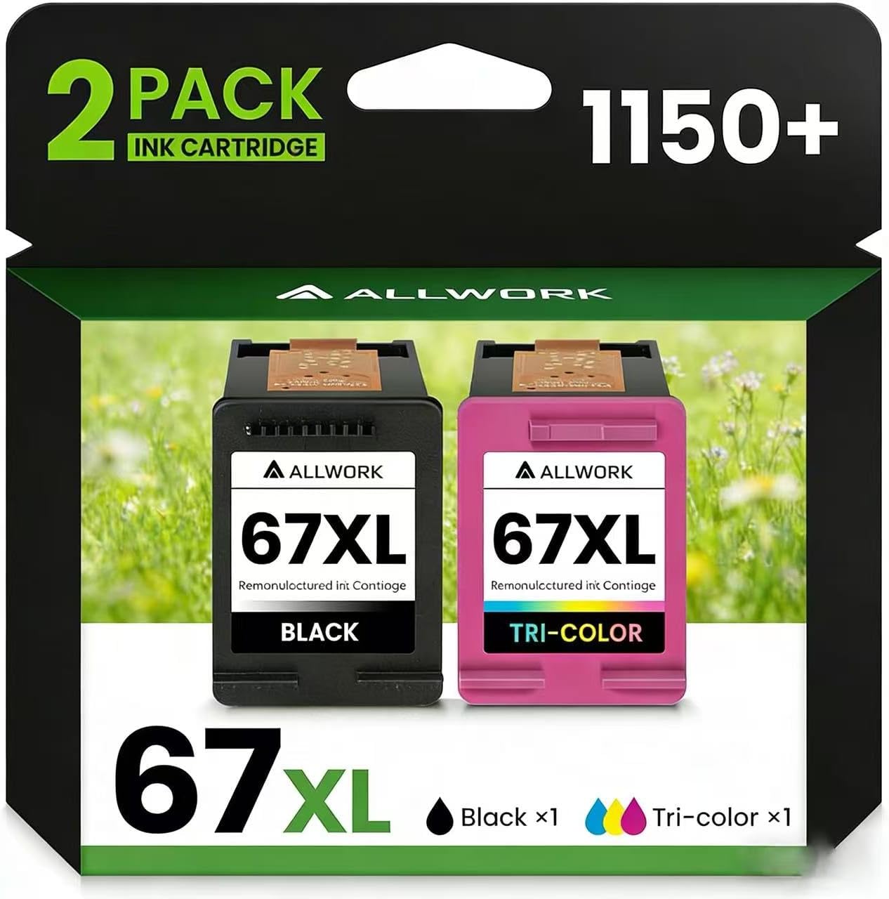 67XL Ink Cartridges Replacement for HP 67 XL (1 Black 1 Color), Compatible for DeskJet 1255 2722 2723 2700 2755 4152 4155 4158 Envy 6010 6020 6055 6420 Printers, 1050 Page Yield, Transparent Ink Tank