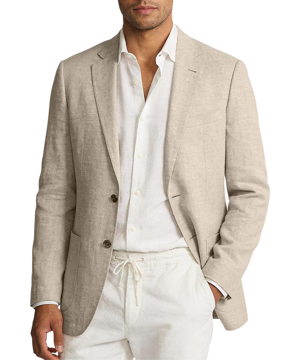 Linen Blazer Men Jacket Casual Blazer for Mens 2 Button Lightweight Sport Coat for Summer Beach Wedding Groom Prom