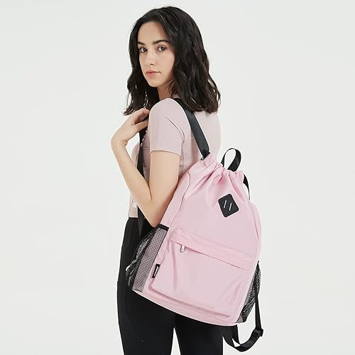 Miniatura 2 de WANDF Mochila deportiva con cordón y compartimento para zapatos, resistente al agua, para mujeres y hombres (L, rosa)
