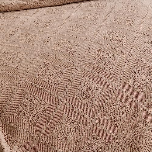 MarCielo 3-Piece 100% Cotton Oversized Bedspread Lightweight Quilt Coverlet Embroidery Farmhouse Bedding Set (TK Pale Taupe Camel, Oversized King (118"x106"))