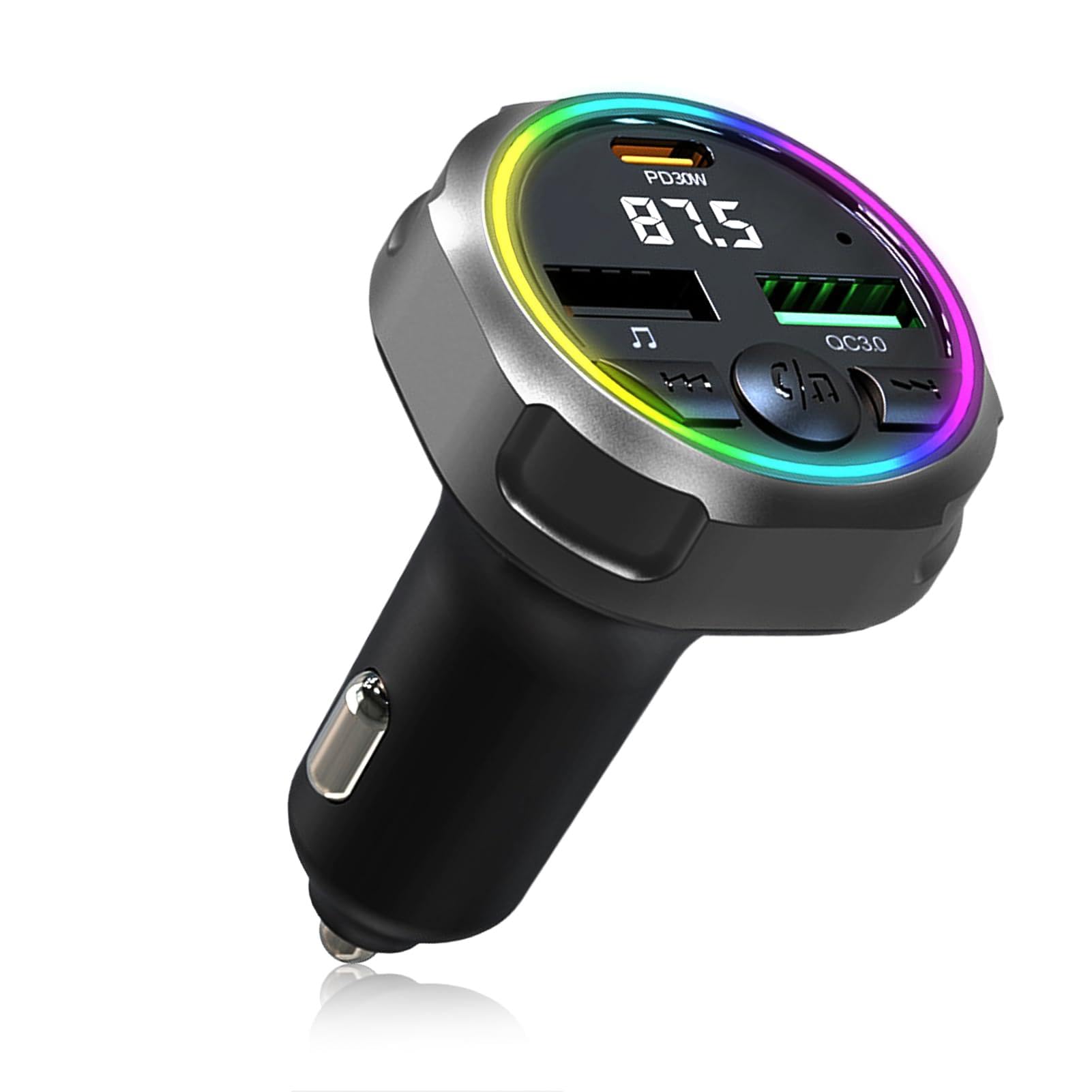 Transmisor Radio FM Bluetooth 5.3 Coche, USB C PD 30W + QC3.0 48W Cargador Coche Rápido, Receptor Parrot Manos Libres,Adaptador de Audio MP3, para Teléfono Móvil/Unidades Flash USB,Conectar y Usar