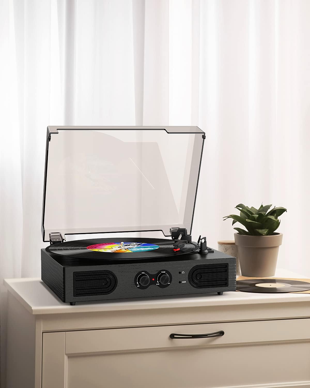 Bluetooth Record Player with Built-in Speakers, 3-Speed Belt-Drive Turntable, Bass & Treble Control, Compact Vinyl Player with RCA Output, AUX-in, Headphone Jack, Black Wooden