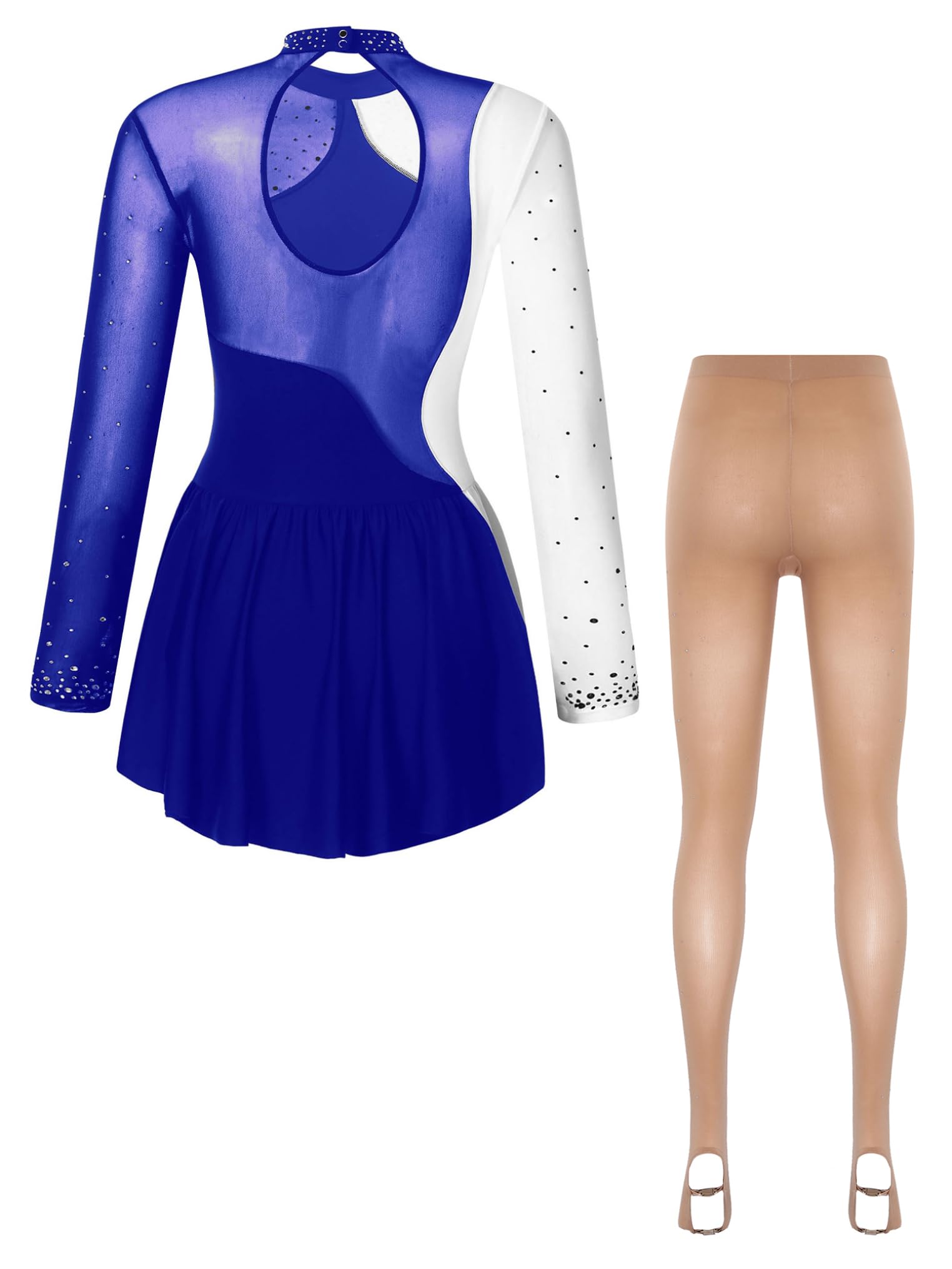 Maillot Ballet con Falda Mujer Vestido Brillante de Baile Manga Larga con Medias de Patinaje Artístico Traje Patinaje Artistico de Competición