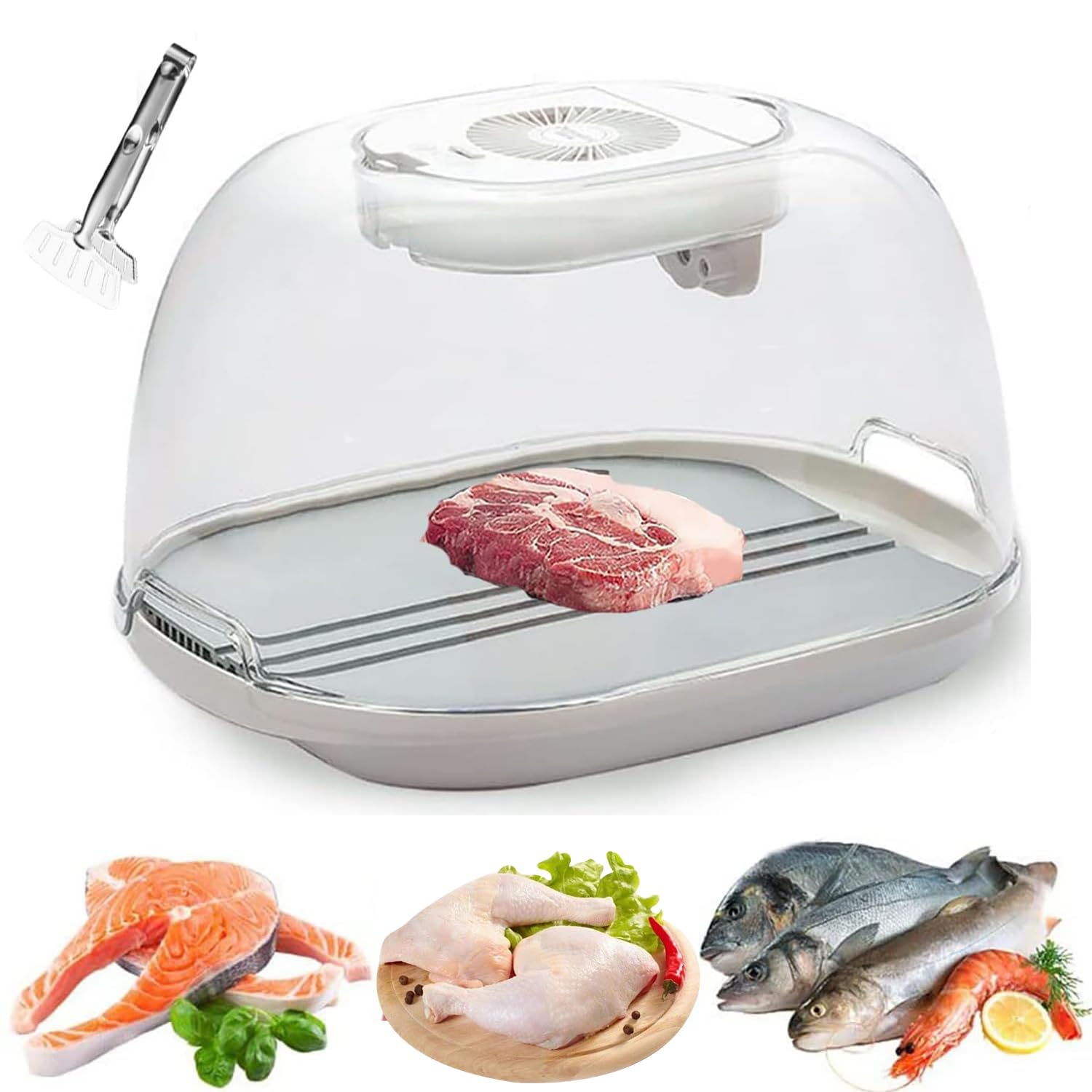 Sbrinatore elettrico per carne, circolazione dell'aria a 360° per uno scongelamento rapido e uniforme, vassoio di grande capacità con cestello antigoccia e coperchio per carne, pesce, verdure