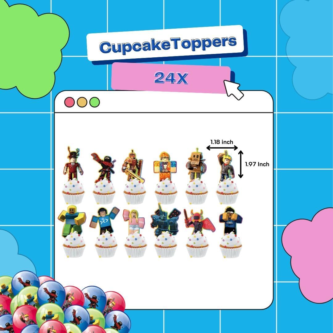 58 Pcs Game Party Decorations, Cute Game Cartoon Birthday Decorations, Set Birthday Party With Banner, Latex Balloon, Cake Topper and Cupcake Topper