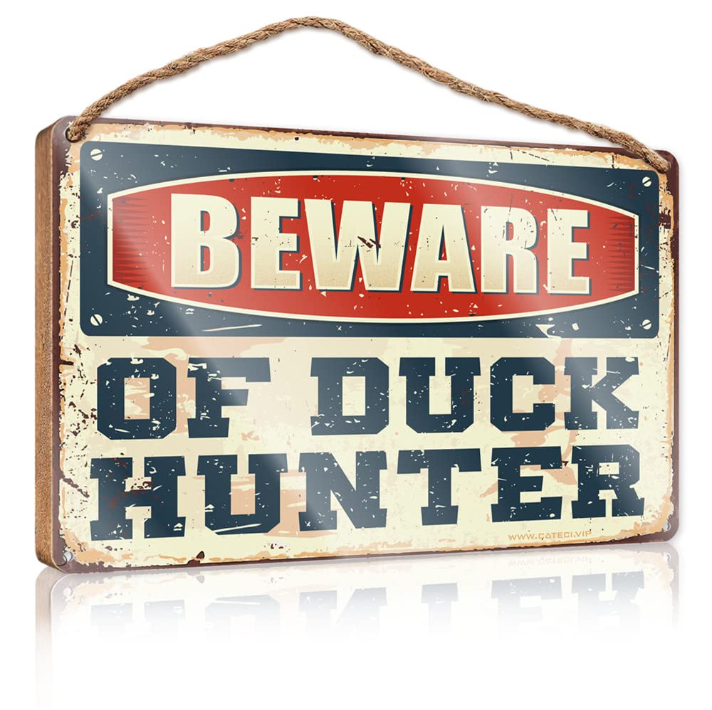 HELIOFORGE Hanging Wooden Plaque Beware Of Duck Hunter Wooden Sign(15X28CM)